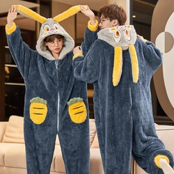 Winter Adult Kigurumis  Rabbit Onesie Sleepwear Women Men Coral Fleece Hoodie Pyjama Couples Loungewear Jumpsuits Zipper Pajama