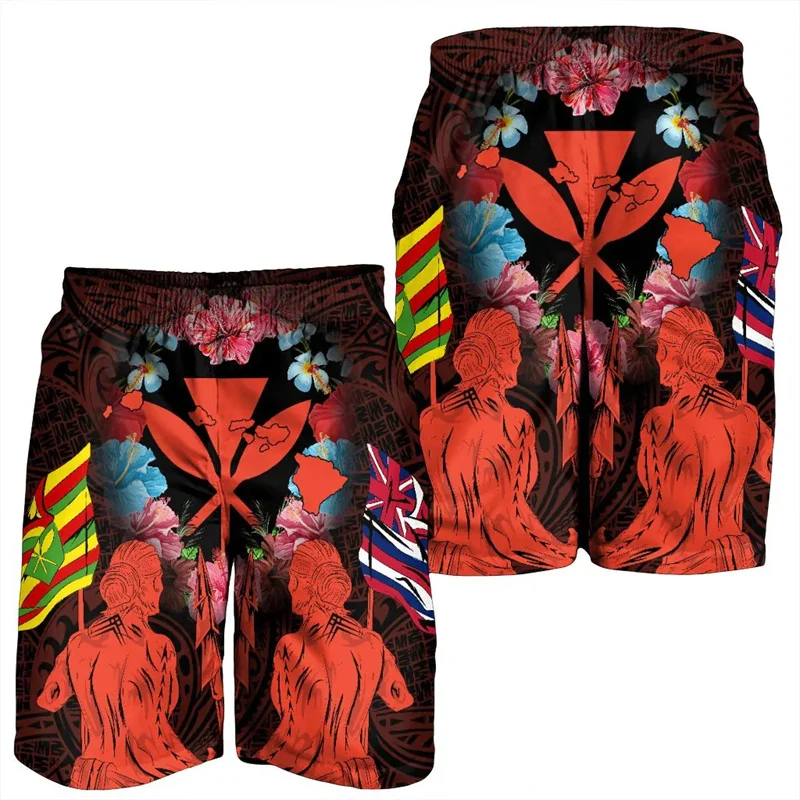 Calções de praia havaianos para homens, calção curta para nadar, calça de gelo de ginástica, bandeira, mapa, kanaka, 2