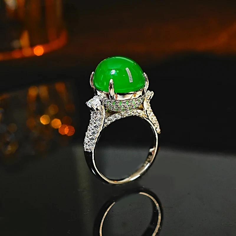 New Chinese Egg Noodle Ice Green Jade Chalcedony 925 Silver Ring Set with High Carbon Diamonds, Comparable To Jade Crowd