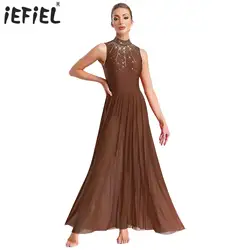 Women's Ballet Gymnastics Dress Sleeveless Lyrical Dance Dresses Mock Neck Cutout Back Rhinestones Modern Contemporary Dress