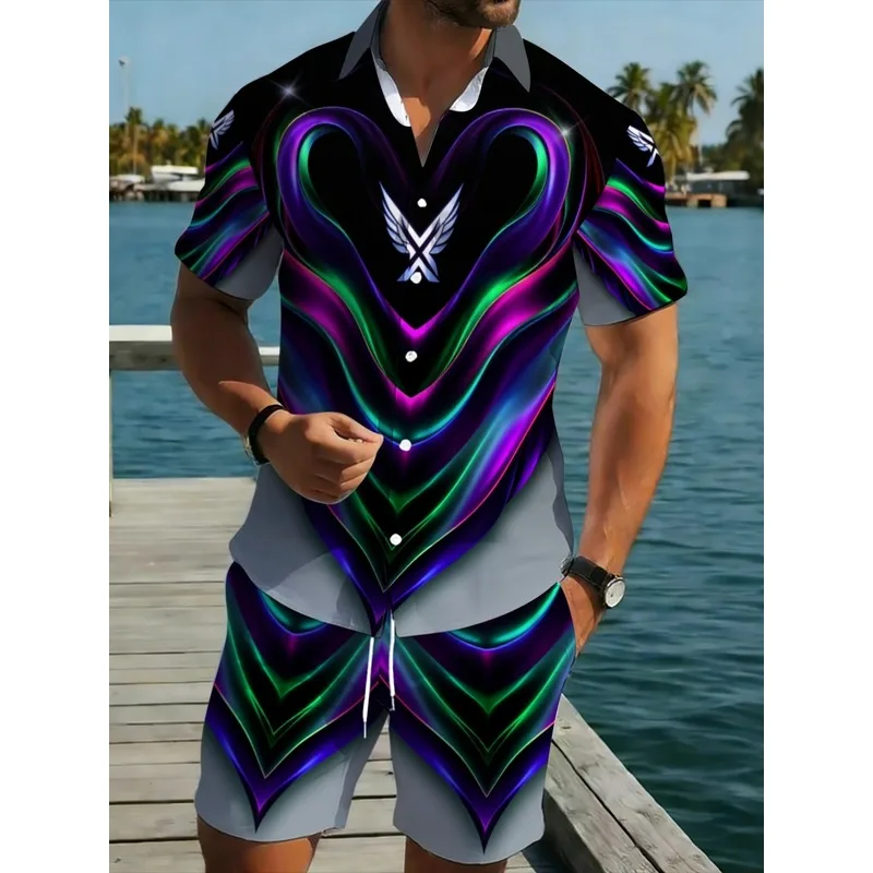 Conjunto de dos piezas de camisa y pantalones cortos con estampado de neón para hombre, poliéster, para verano, playa, piscina, fiesta, ropa informal para exteriores