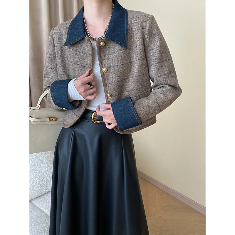 

Denim Design Colorblock Crop Coat Edges Collared Thin Woolen Front Shoulder Tweed Jacket