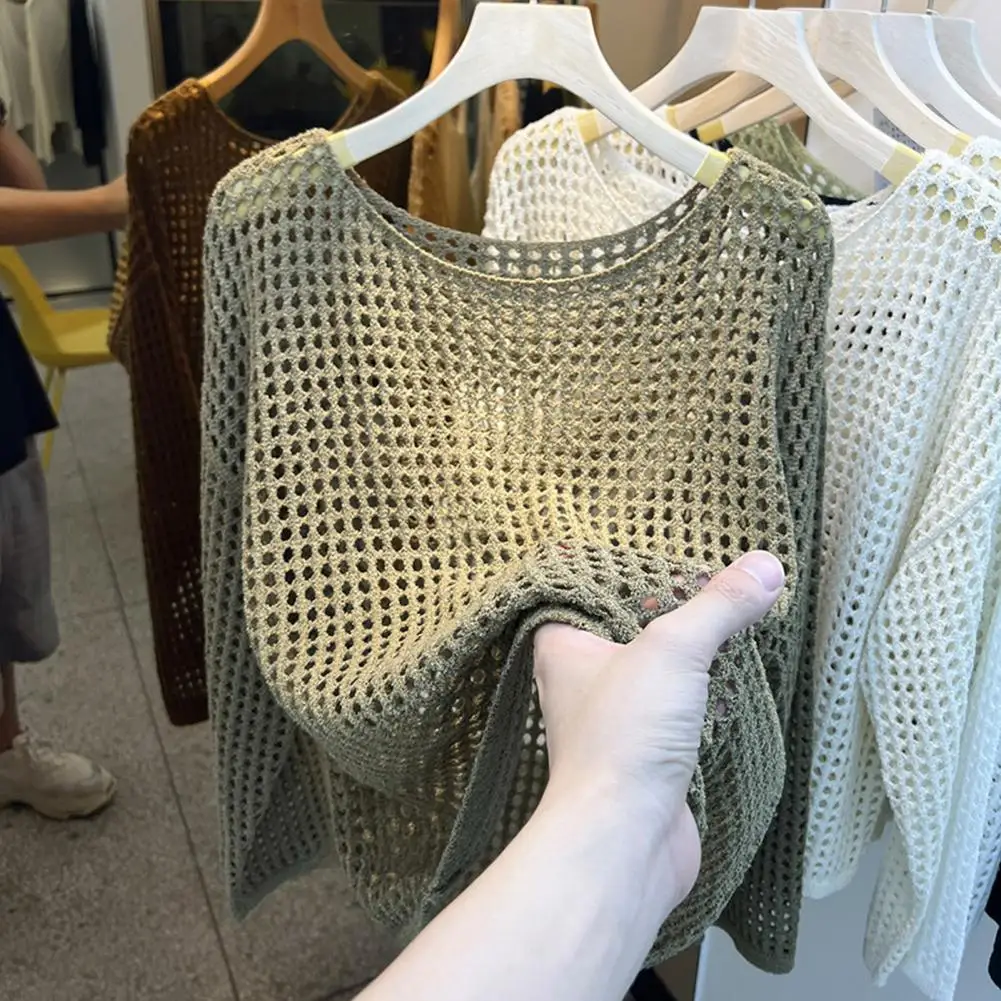 For Women Women Hollow Knit Top Solid Color Round Neck Long Sleeve Sunscreen Cover Up Loose Fit Casual Knitting Tops