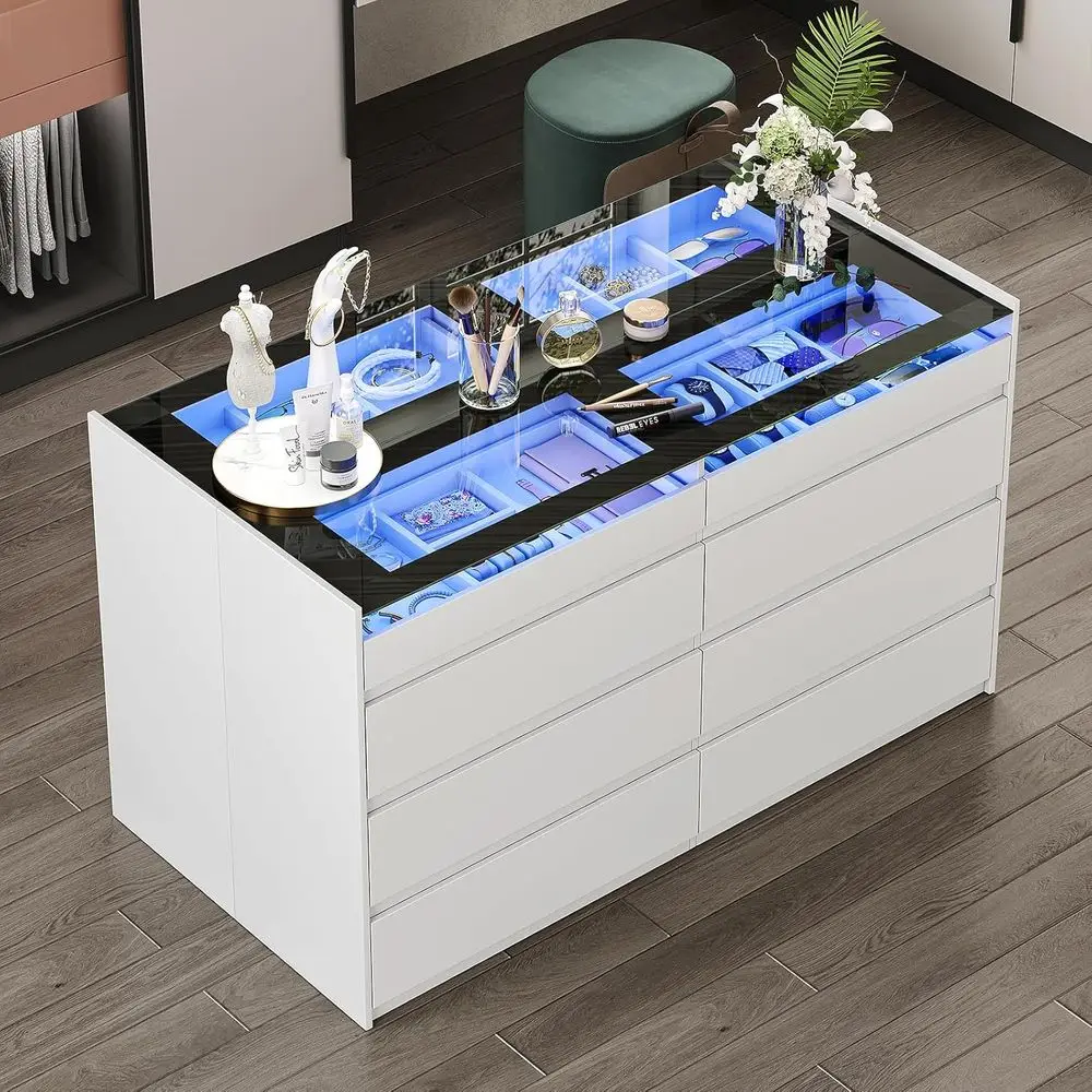 

White Drer or Bedroom Set o 2, 8 Der Drer with Glass Top and LED Light, ern Chest o Ders, lry Drers Display, Drers Organizer or