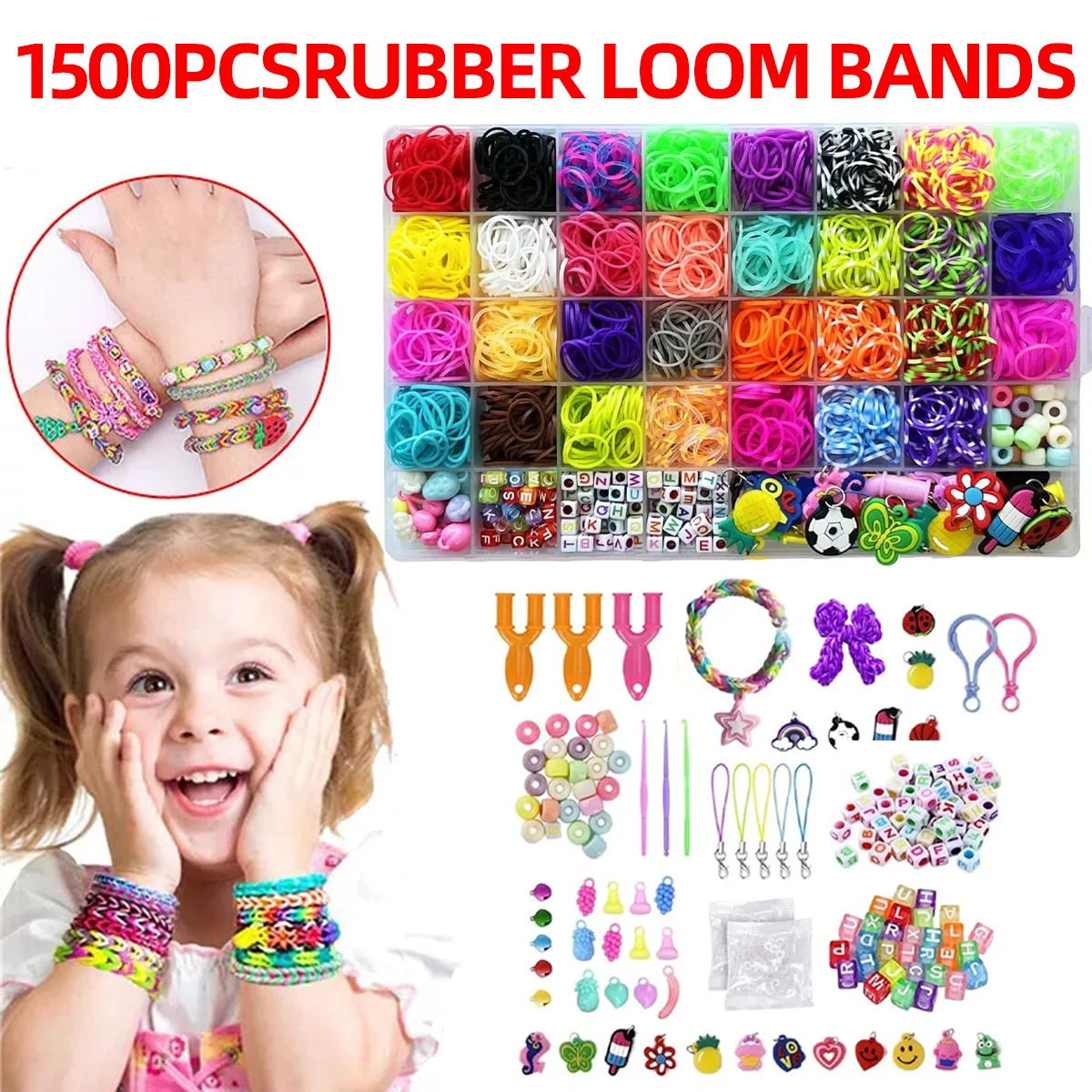 1500 Pcs Assorted Colour Rubber Kit Box Loom Bands DIY Craft Bracelet Making Set