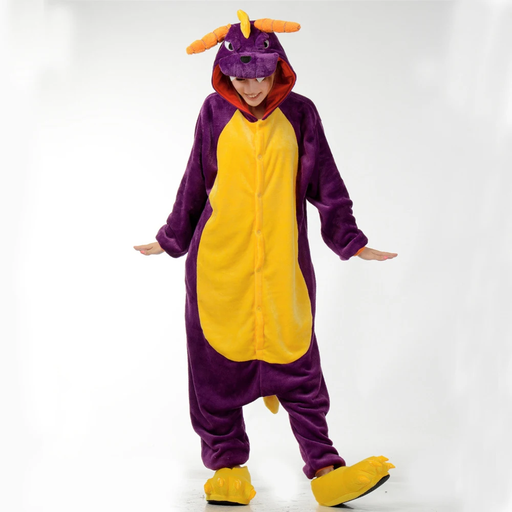 Winter Animal Pajamas One Piece Purple Dragon Onesies Sleepwear Set Kigurumi Jumpsuit Women Unisex Adult Flannel Nightie Pijama