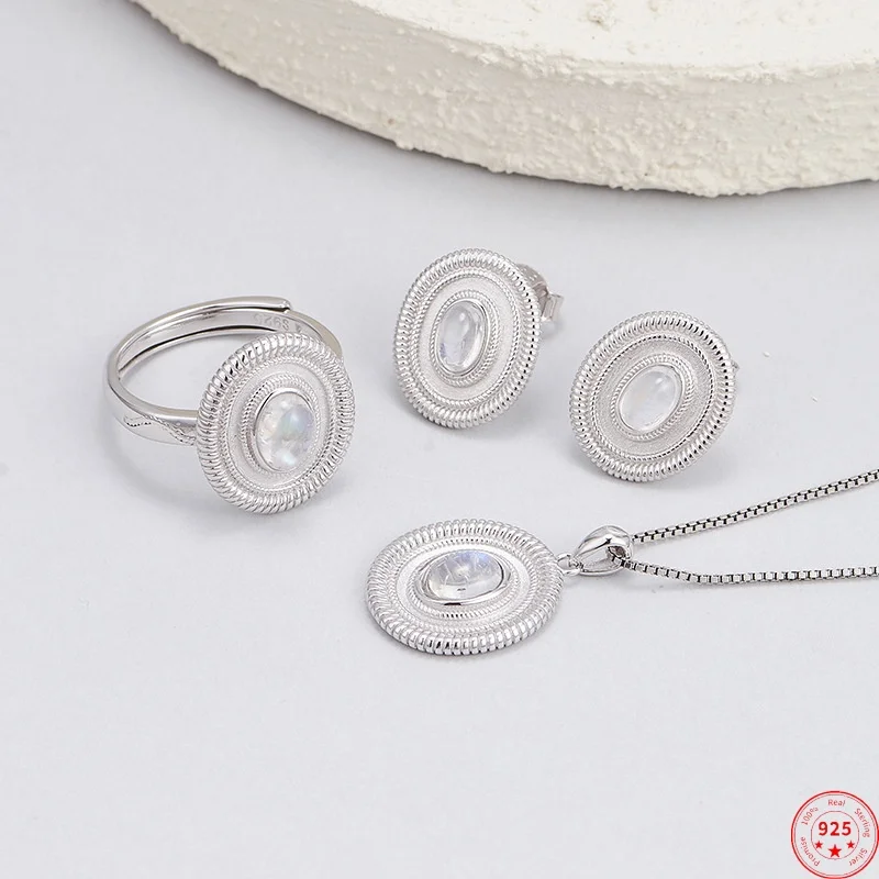 

Комплект ювелирных изделий из стерлингового серебра S925 для женщин и мужчин, минималистичный узор, инкрустированный лунным камнем, кулон, серьги, кольца, ювелирные изделия, оптовая продажа
