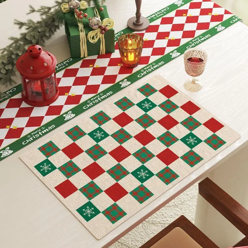 VIKAMA Red White Green Checkerboard Snowflake Christmas Linen Placemat Table Mat Dining Decor Kitchen Pad Home Accent Soft Cozy
