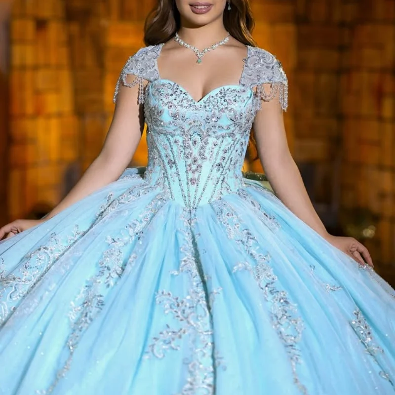

Light Blue Quinceanera Dresses off-shoulder Glitter Decal Layering Crystal Long tail Bow Vestido De 15 Quinceanera Customize