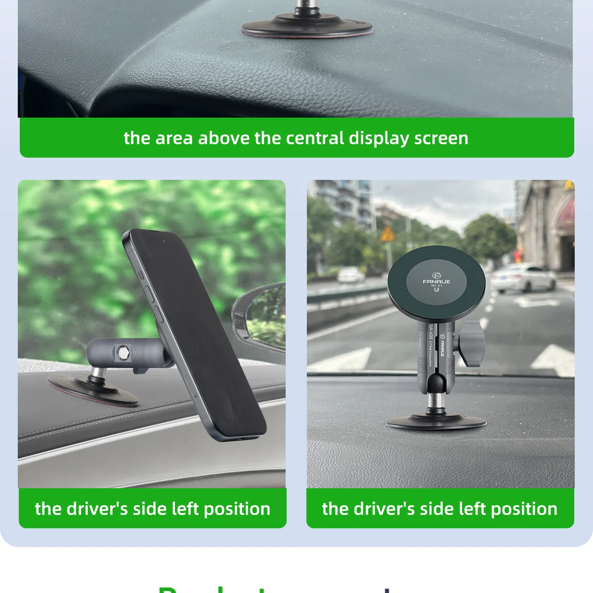 FANAUE Magnetischer Autotelefonhalter aus Aluminium, Zubehör für das Armaturenbrett des zentralen Steuerbildschirms für iPhone 14, 13, 12, Xiaomi Vivo Huaw – Detail 9