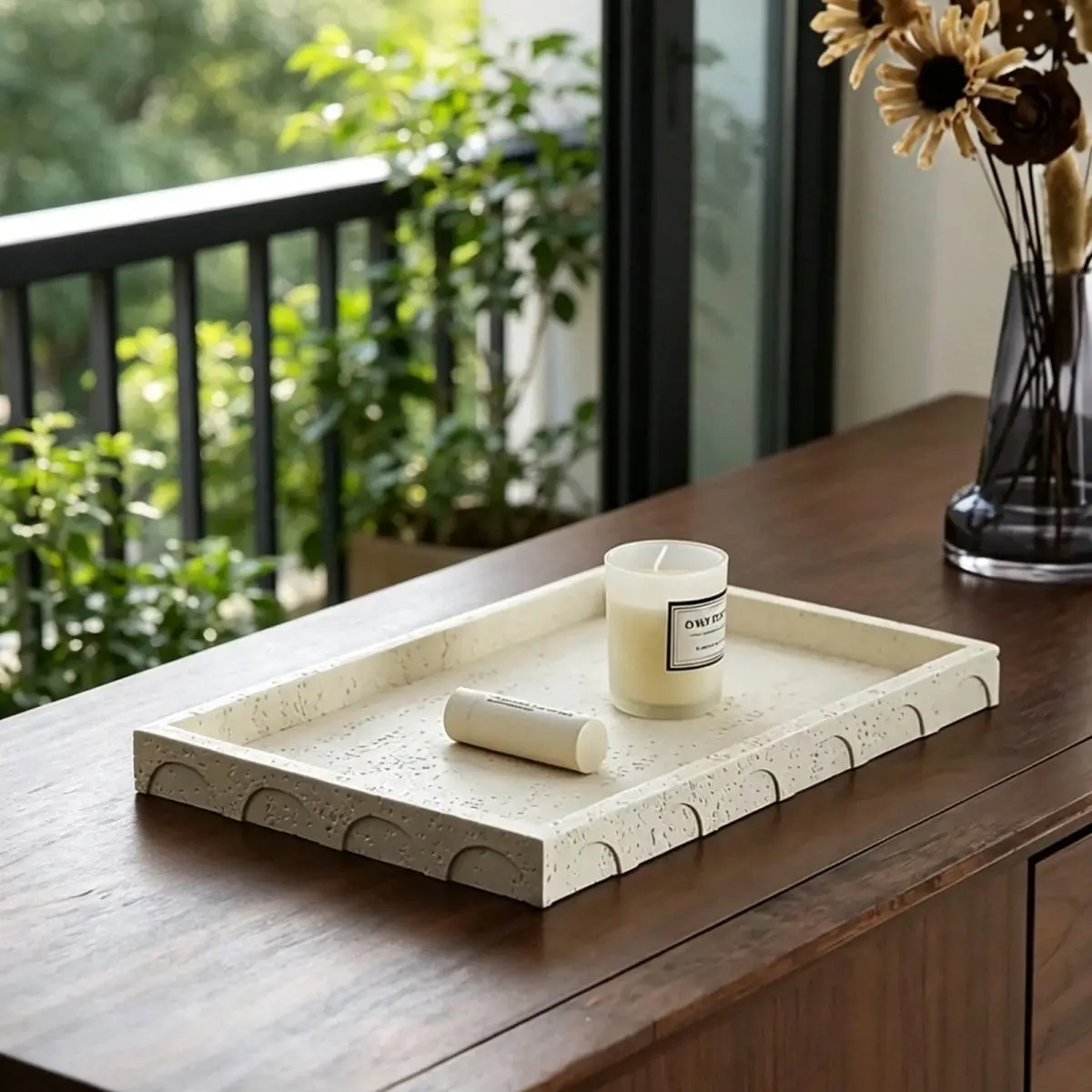 Beige Travertine Textured Decorative Tray, Rectangular Vanity Tray with Arch Detail, Non-Slip Waterproof Countertop Organizer