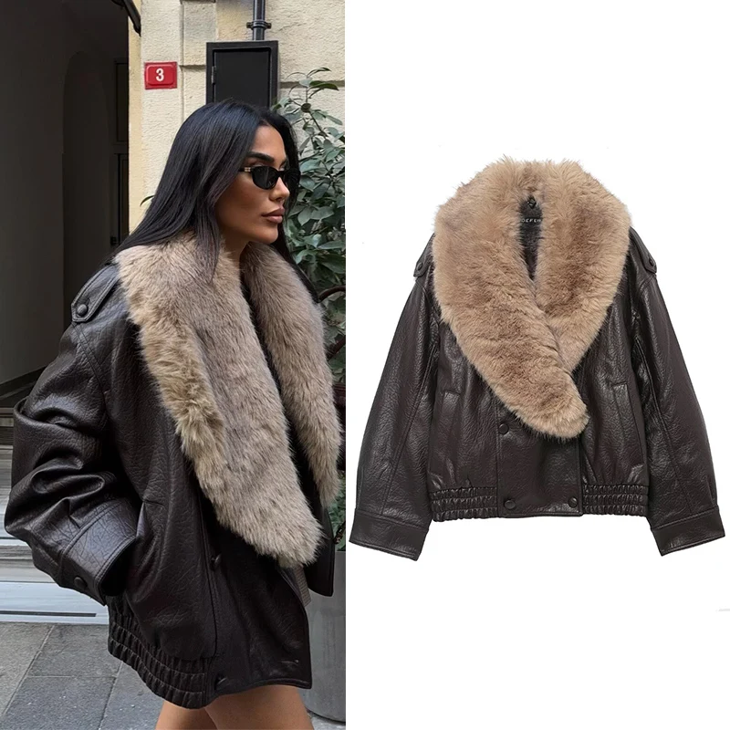 Women's Jacket 2025 New Fashion Autumn Winter Brown Detachable Faux Fur Collar Leather Jacket Casual Chic Ladies Coat