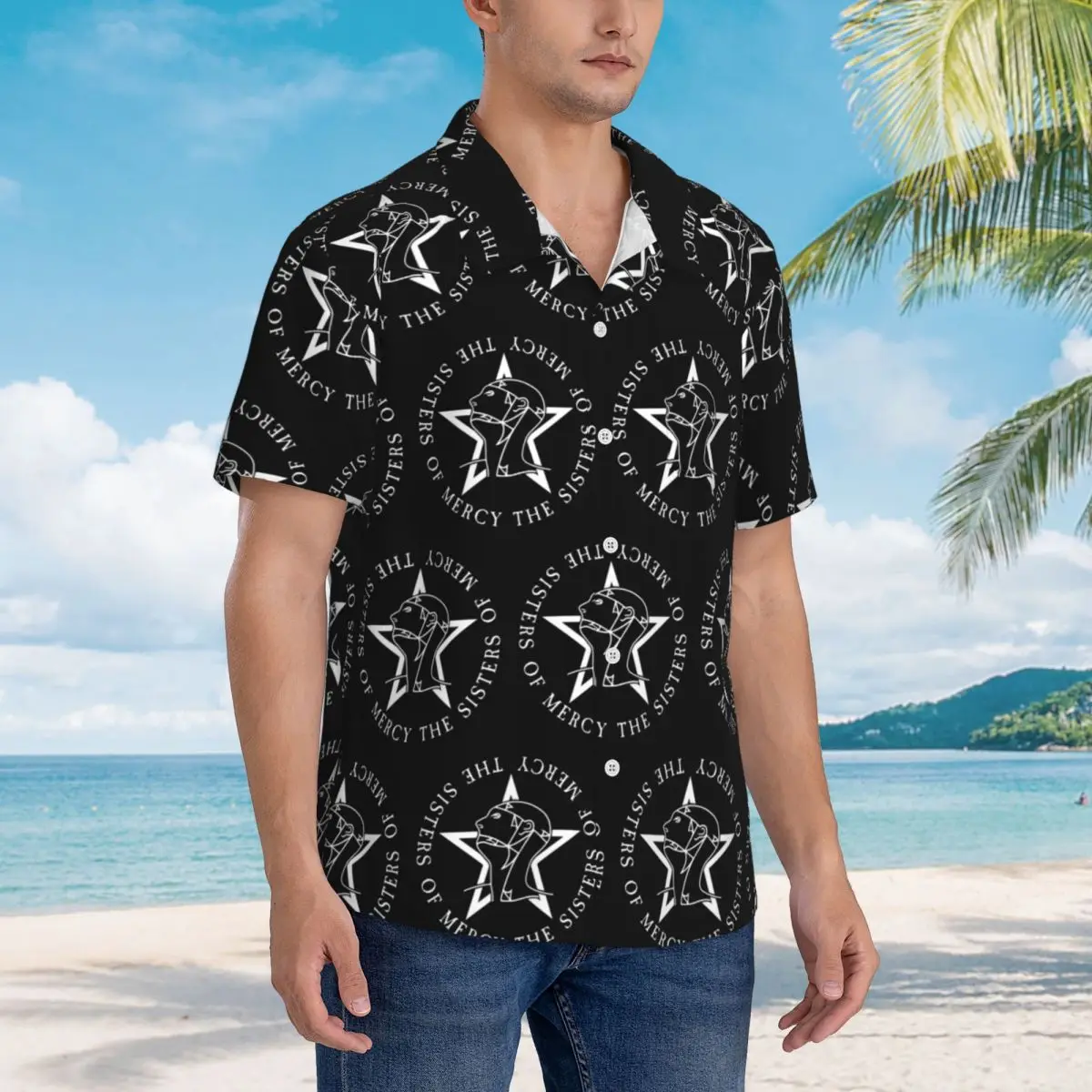 Round Text Logo Goth The Sisters Of Mercy Hawaiian Shirts Funny Men Short Sleeve Shirt for Summer Beach Men's Lapel Tops