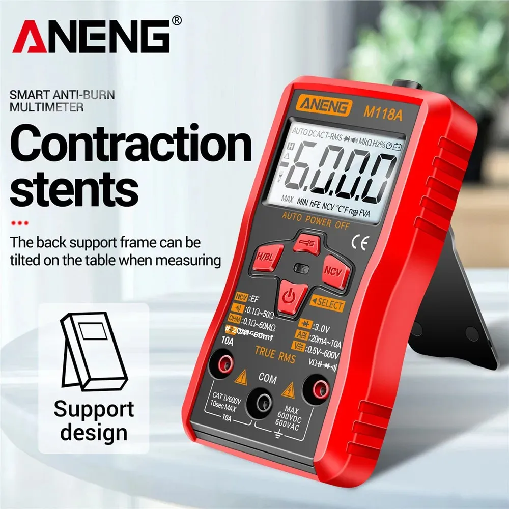 ANENG M118A Digital Mini Multimeter Tester Auto Mmultimetro True Rms Tranistor Meter with NCV Data Hold 6000counts Flashlight