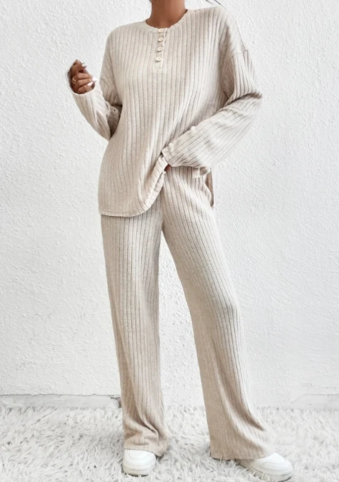 Women Pajama Suit Set Loose Fit Pajama Set Women's Solid Color Texture Pajama Set O-neck Tops Elastic Waist Wide Leg Pants Set