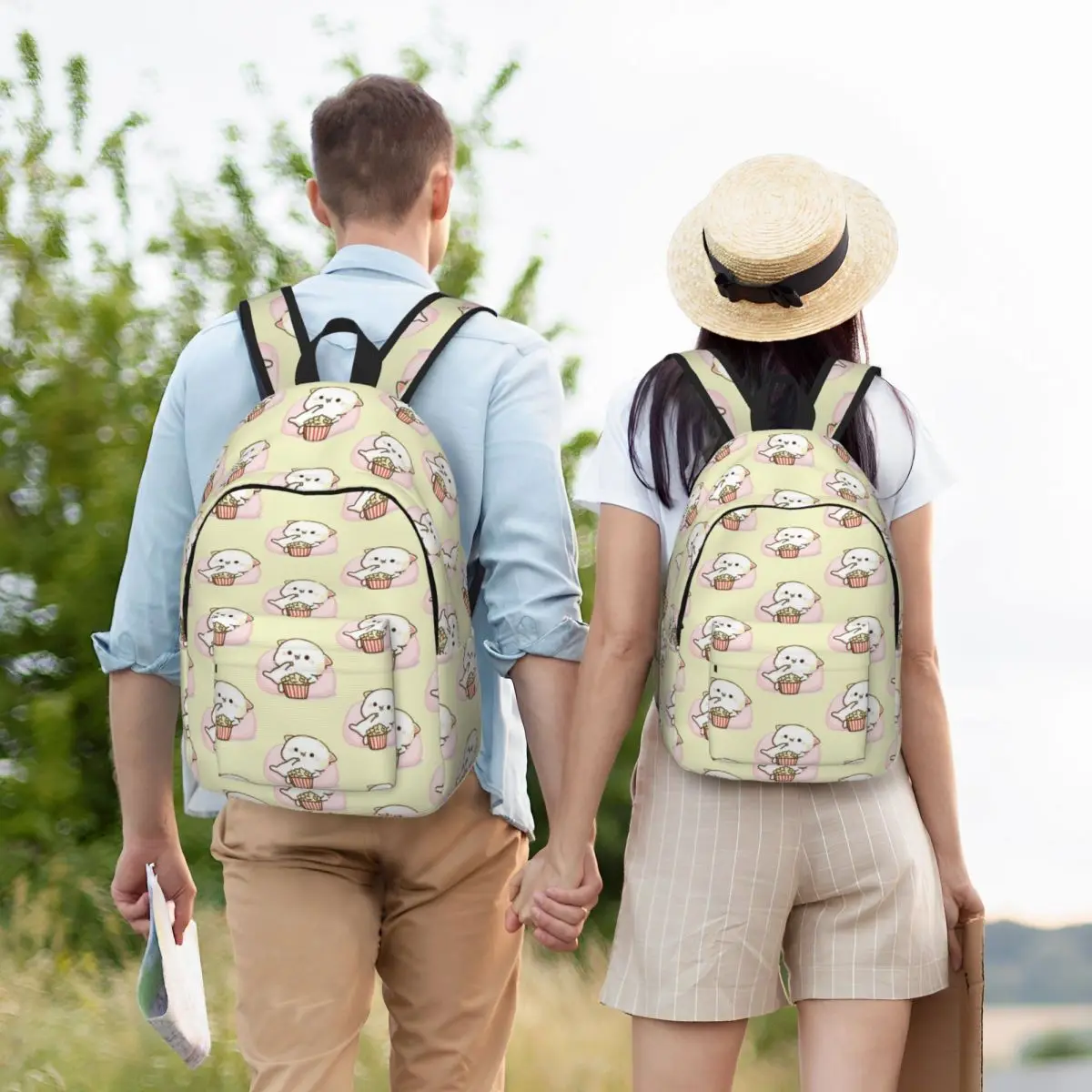 Mochi Milk Peach e Goma Cat Mochila para homens e mulheres, mochila de negócios, bolsa de ombro, estudante adolescente, pipoca esportiva