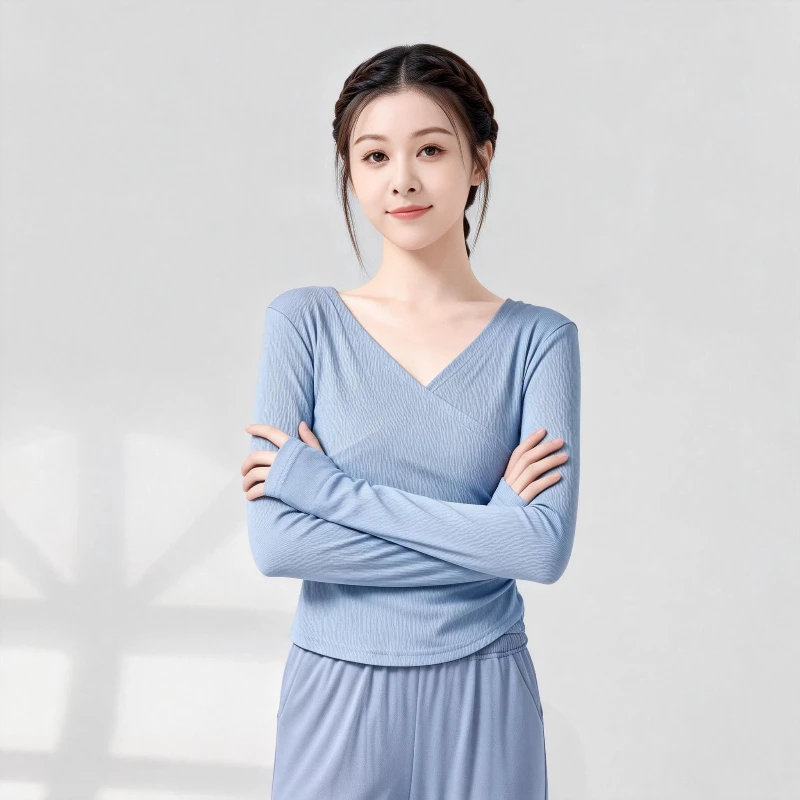 

Сплошной цвет с v-образным вырезом, облегающий топ с длинными рукавами для танцев, современная сценическая рубашка для женщин, эластичный костюм для балета, джаза, рубашка