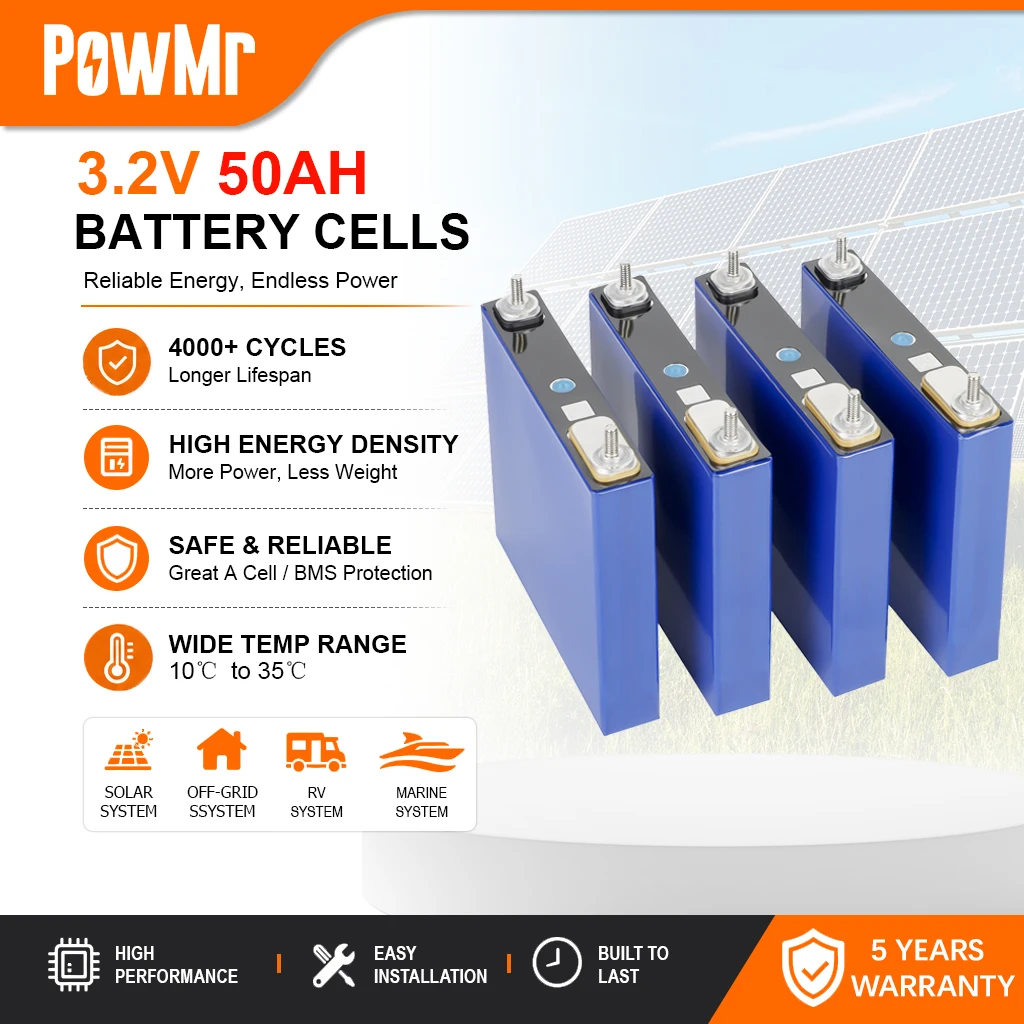 POWMR 3,2V 50Ah LiFePO4 4er-Pack Batteriezellen Klasse A Lithium-Eisenphosphat-Akkupack Tiefzyklus-Solarenergiespeicher RV Off-Grid Marine UPS Wiederaufladbare Batteriezelle