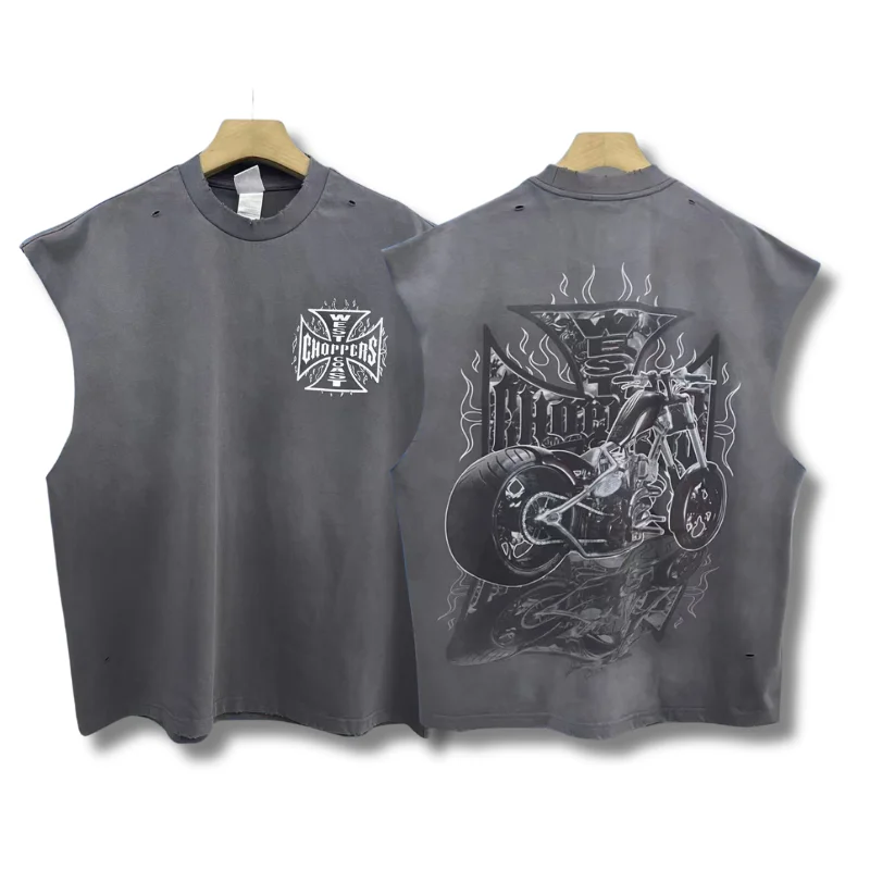 Y2K West Coast Choppers Vest Letters Print Vintage Pattern Hip Hop Wash Tank Tops for Men Women