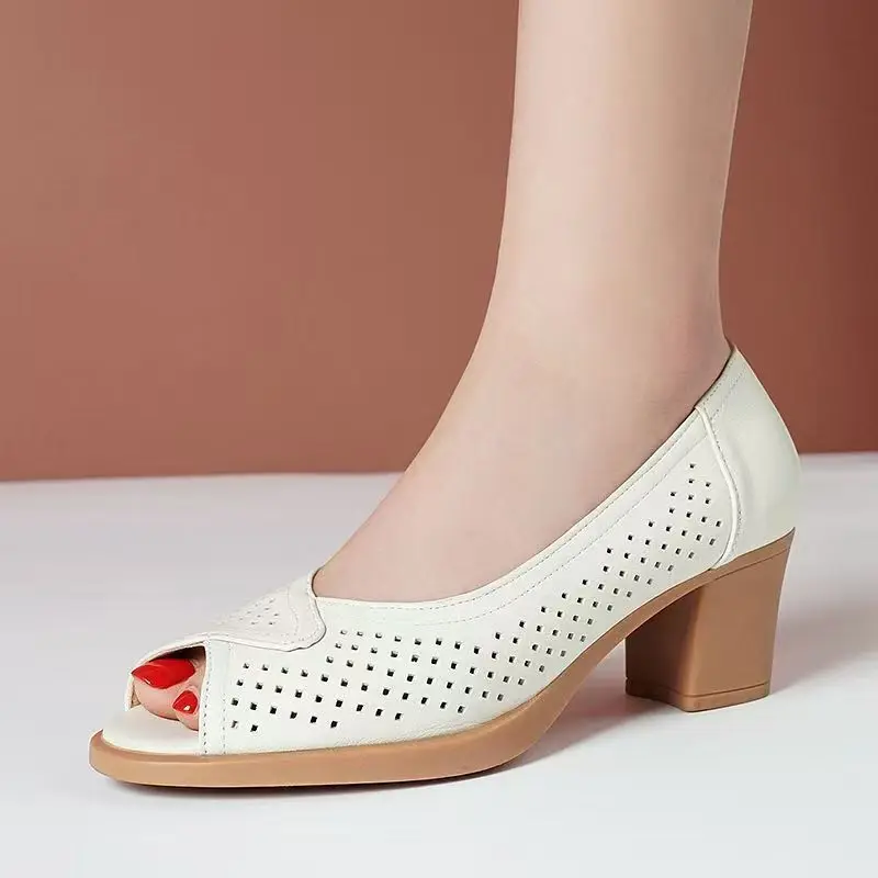 

Women's Summer New Block Heel Peep Toe Sandals Leather Hollow Out Shallow Slip On Thick Sole High Heel Sandals Dress Sandals