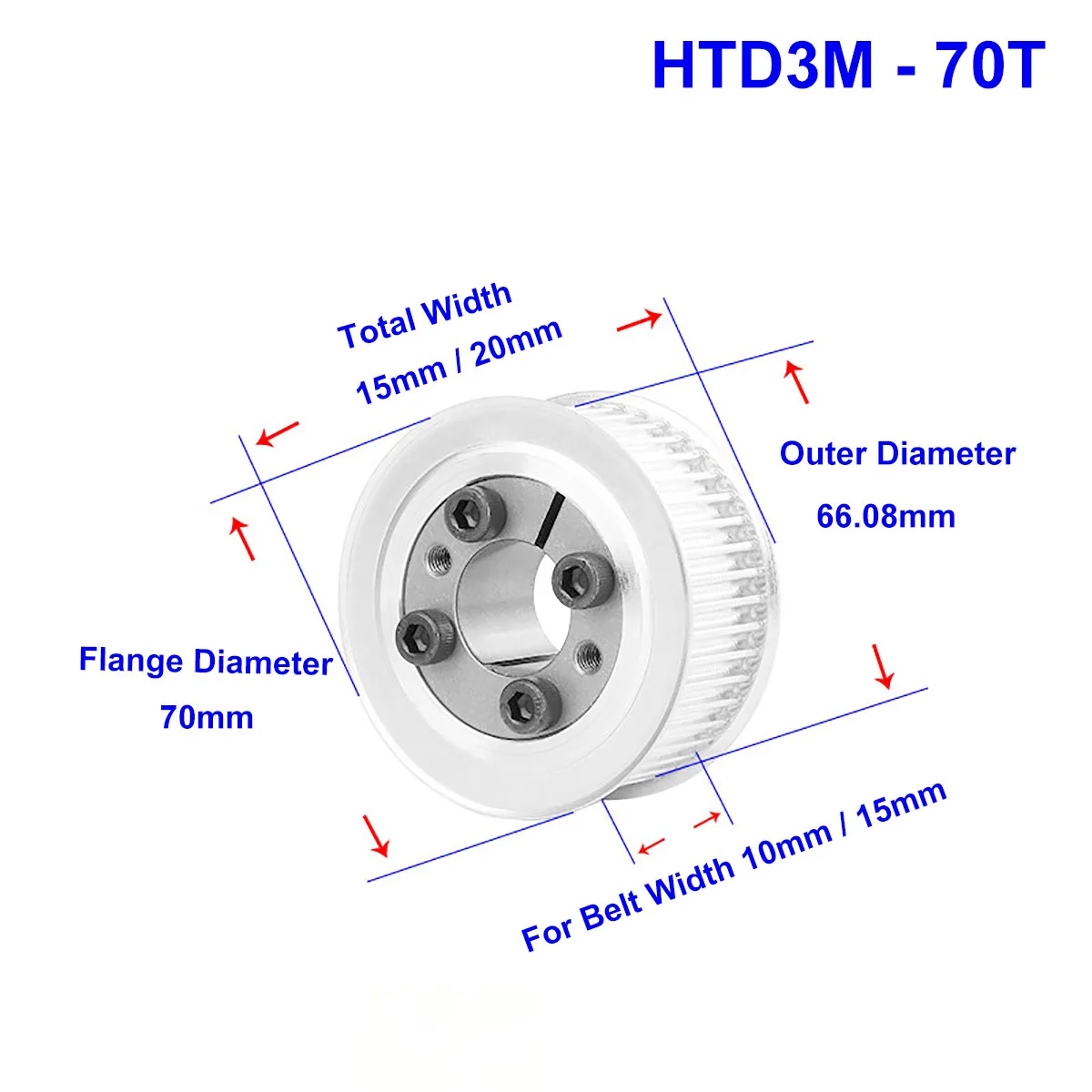 HTD3M 70T Synchronous Timing Pulley 5/6/6.35/8/9/10~32mm Bore Keyless 70 Teeth Transmission Belt Pulley For Width 10mm 15mm Belt