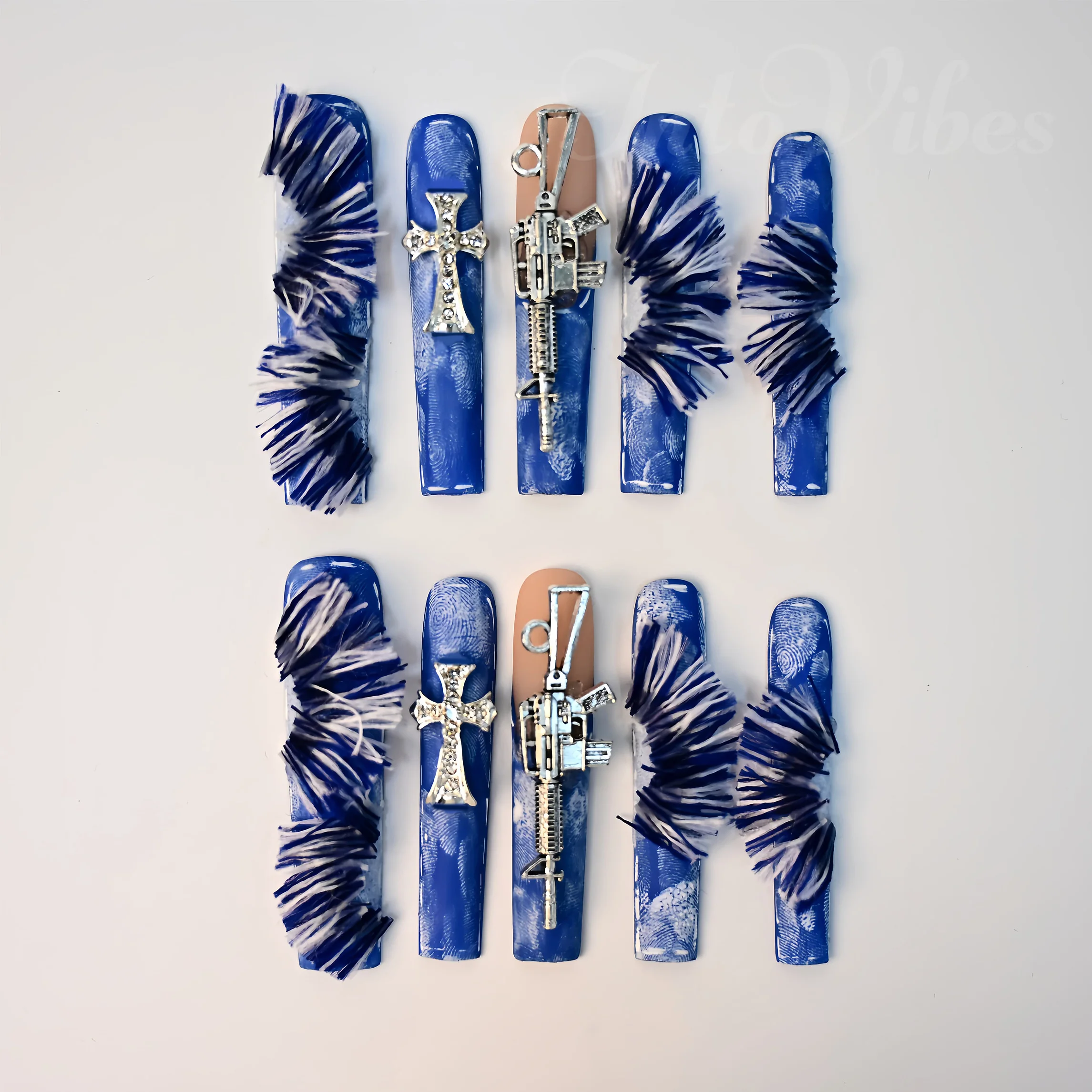 

10Pcs Handmade Long Square Press on Nails, Edgy Punk Style with 3D Blue-White Fringe + Cross-Shaped Rhinestone Decor + Stylized