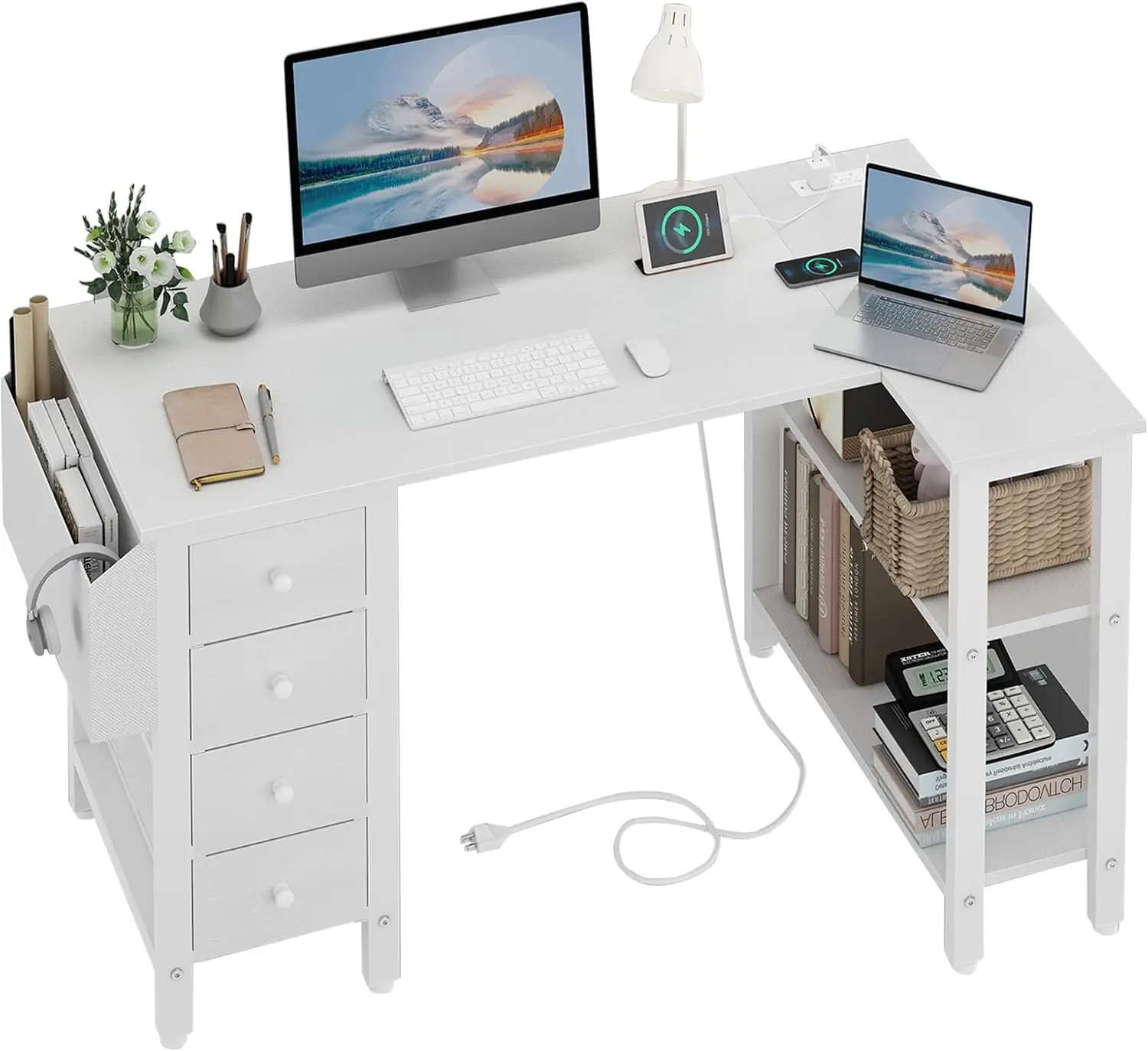 Bureau d'ordinateur en forme de L blanc avec égouts de proximité et étagères de rangement, bureau d'angle de 47 pouces avec prise de courant pour la maison et le bureau