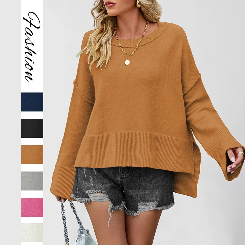 

2025 Autumn/Winter Street Style Round Neck Trumpet Sleeves Solid Color Round Neck Women's Sweater Women