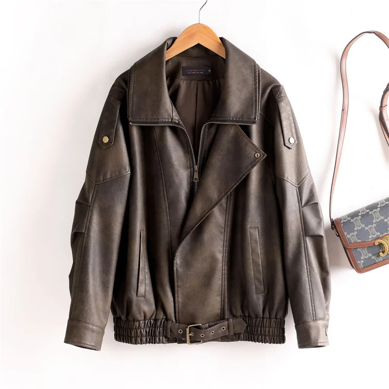 

2025 Fashion Leather Short Jacket Women's Moto Biker Coat Spring Autumn Loose Casual Tops Streetwear Lady Faux Leather Outerwear