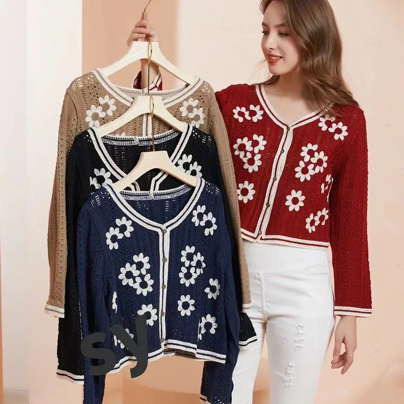 

Boring Honey Autumn Winter New Fashion Contrast Color Flower Cardigan Sweater V-Neck Hollow T-Shirt Slim Long-Sleeved Shirt Wome
