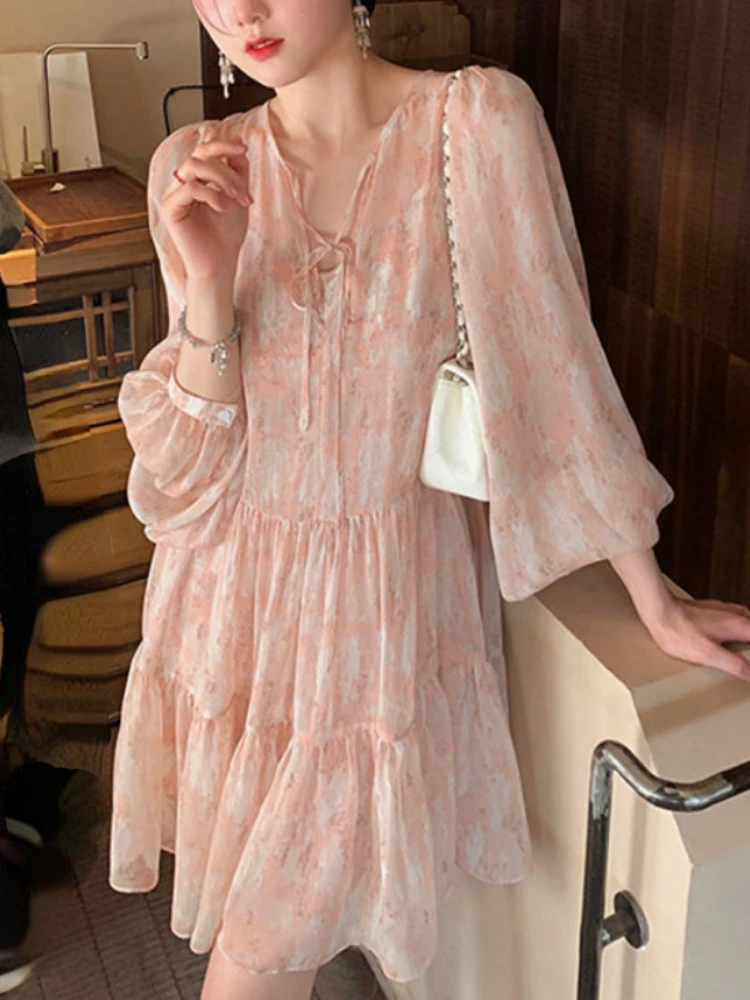 Floral Vintage Elegant Dress Women Causal Evening Beach Party Mini Dresses Female 2022 Summer Long Sleeve Two Piece Dress Korean