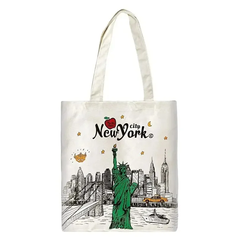 

New York Printed Women Tote Bag Large Capacity Shoulder Bags No Zipper Eco Lady Shopping Shopper Handbag Canvas Girls Handbags