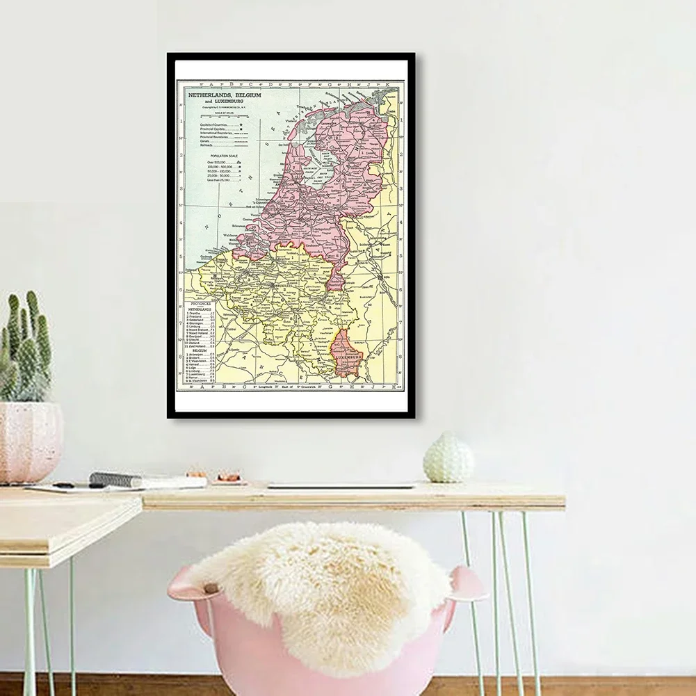 59*84cm Political Map of The Belgium and Netherlands s In 1938 Decorative Wall Poster Canvas Painting Home Decor School Supplies