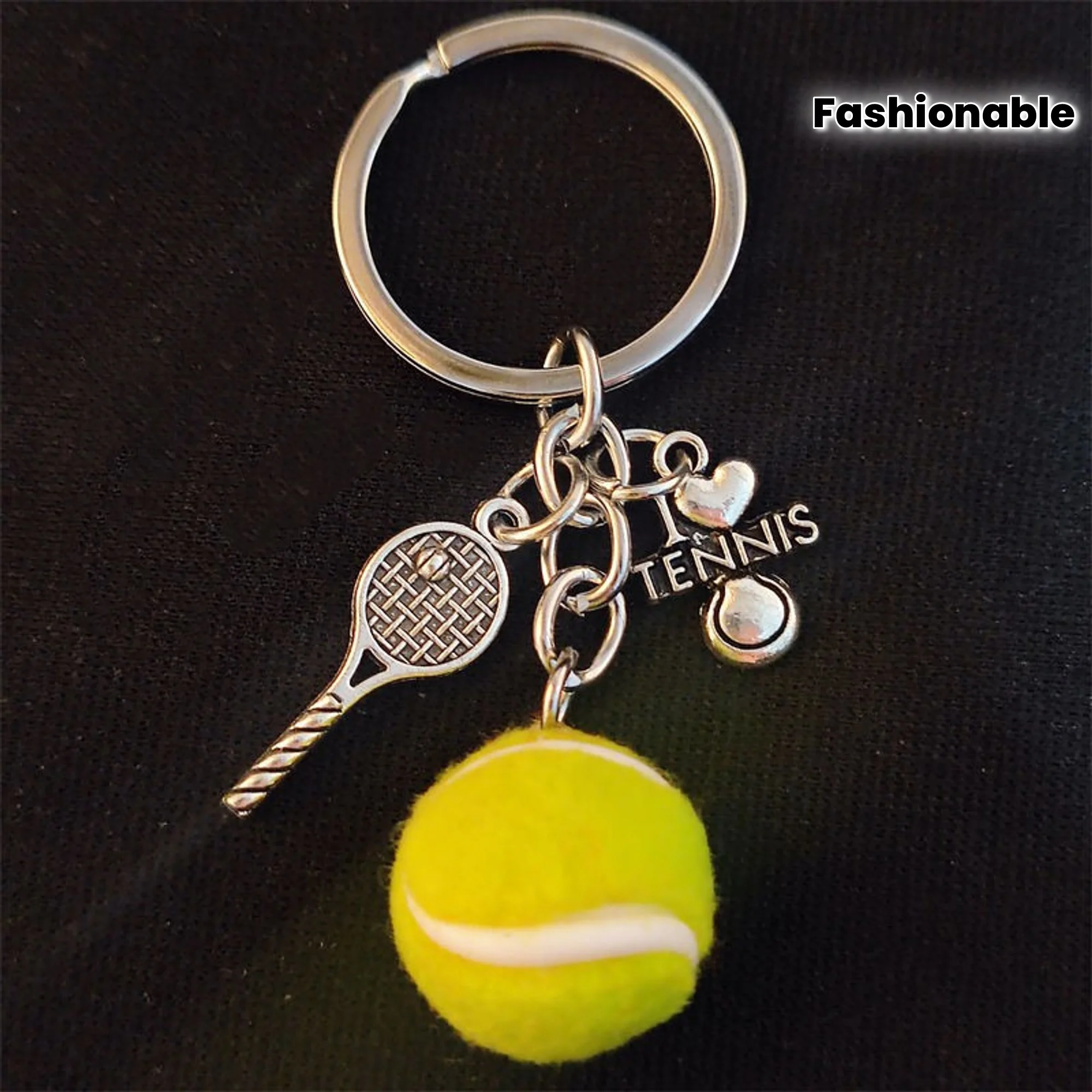 [4-Link Tennis Keychain] Durable Zinc Alloy Tennis Enthusiast Keychain| 4-Link Chain, Sports Lover Key Ring, Tennis Ball & Racket Charms, Fashionable Key Holder Accessory