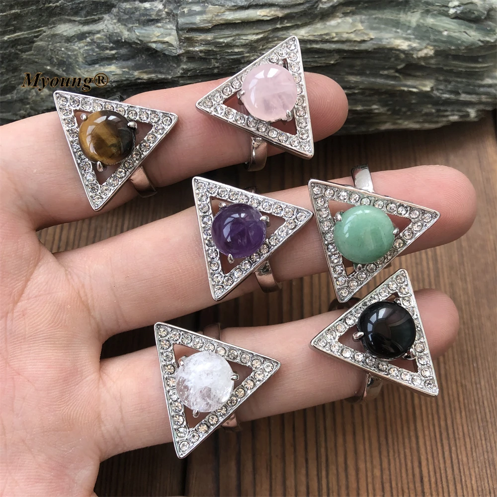 

Round Gems Stone Inlaid Zircon Triangle Adjustable Rings Reiki Healing Crystal Lapis Rose Quartzs Open Ring Women MY221018