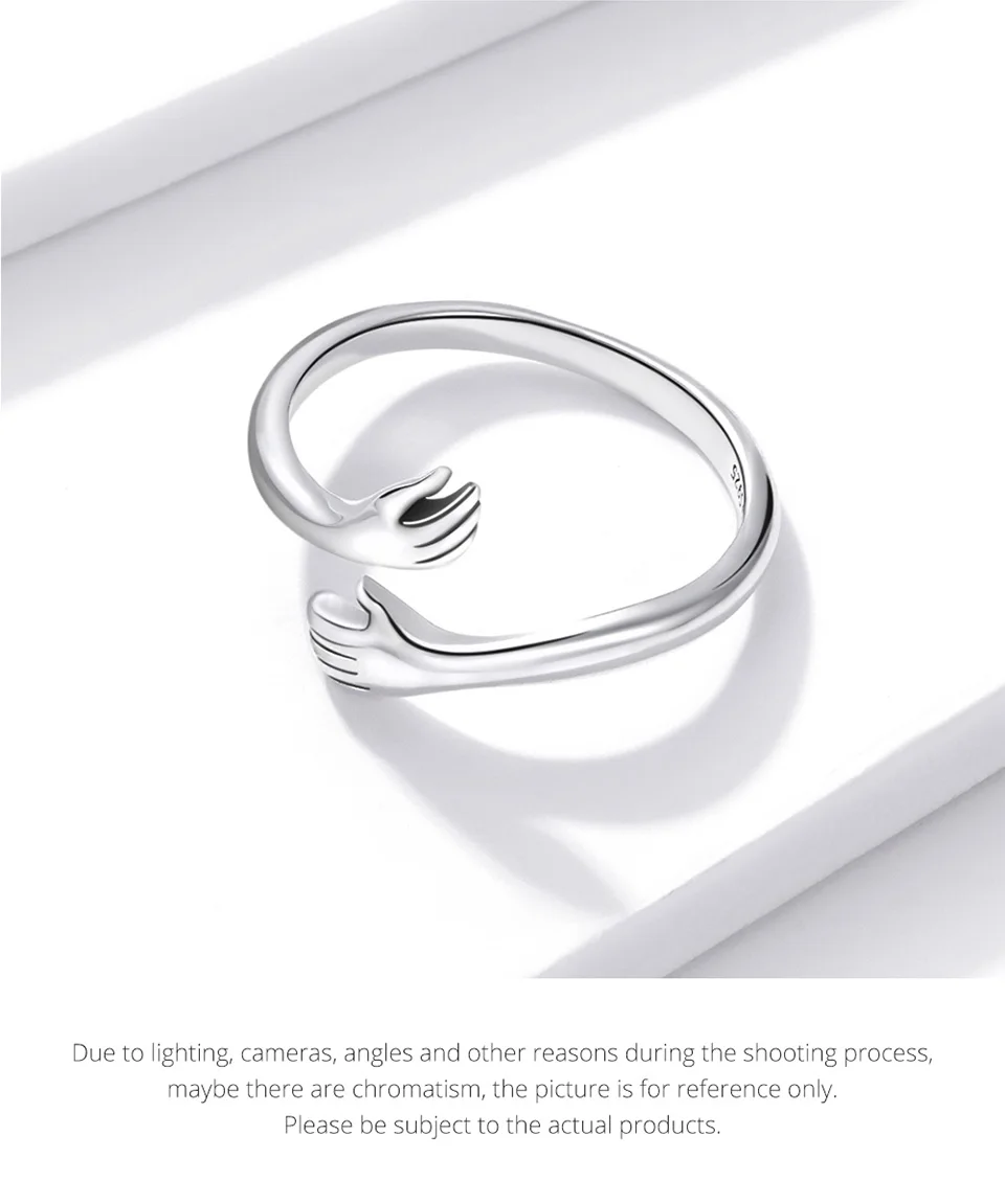 BAMOER 925 Sterling Silver Hug Open Ring Warm Love Hand Adjustable Glossy Ring for Women, His Big Loving Family Party Gift