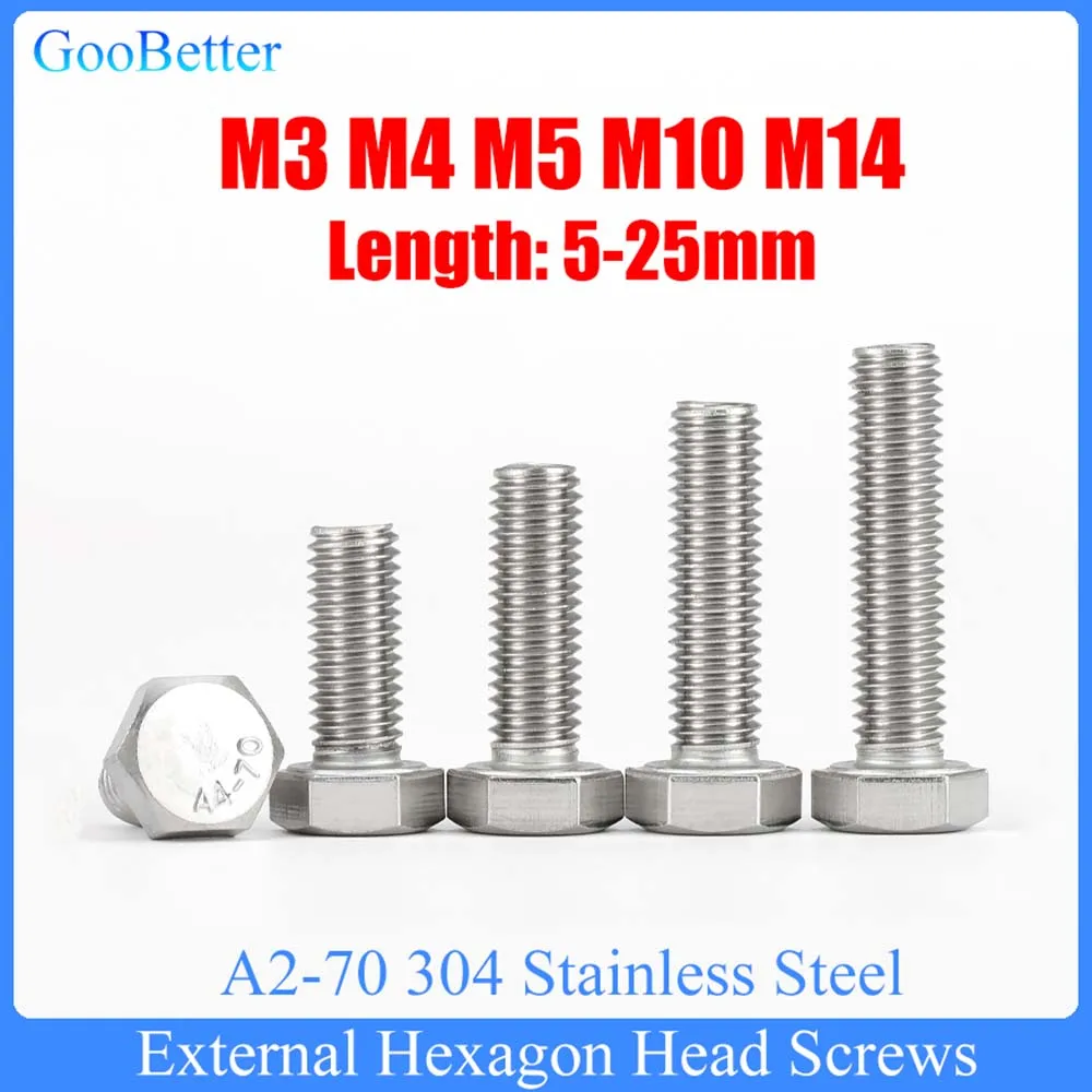 

10-100Pcs A2-70 304 Stainless Steel Metric Thread Outside Hex Head Bolts M3 M4 M5 M10 M14 External Hexagon Head Screws L=5-25mm