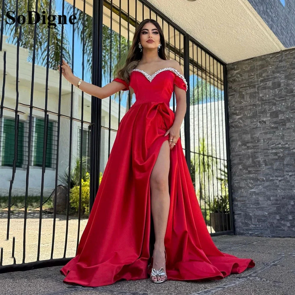 

SoDigne Red Formal Evening Dresses Pearls Side Split A Line Prom Dress Off The Shoulder Wedding Banquet Gown Women Occasion