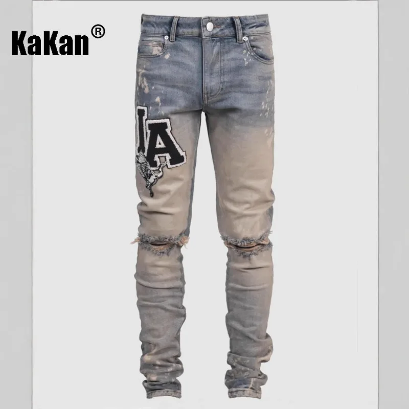Kakan - New Men's Blue Slim Fit Patch Jeans, Y2k Printed Design Long Jeans Jeans Man Brand