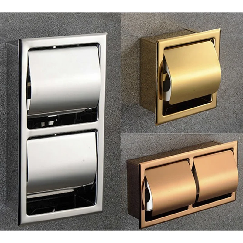 Wall Recessed Built-in Toilet Paper Holder Public Hotel Rose Gold Concealed Roll Tissue 304 Stainless Steel Polished Tissue Box