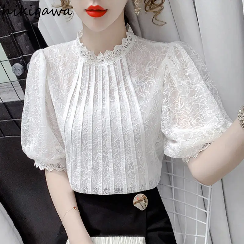 White Bloses Women 2024 Blusas Mujer De Moda Puff Sleeve Vintage Summer Tops Chic Korean Summer Lace Temperament Blouse Shirts