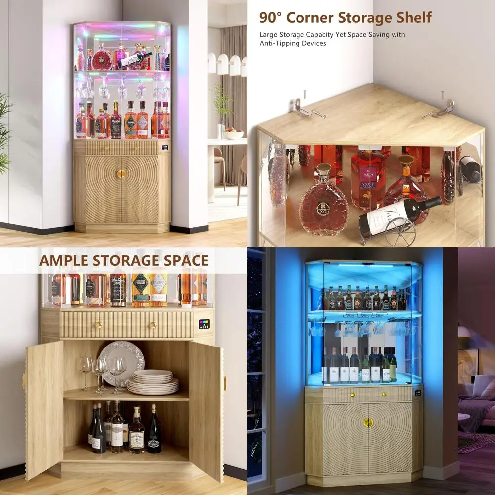 71 Tall LED-lit Bar Cabinet with App Control and Motion Sensor, Elegant Liquor Display with Mirrored Back, Natural Wood Wine Rac