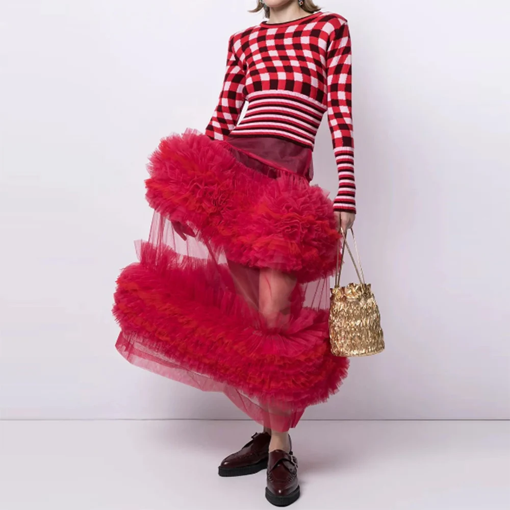 

Charming Ruffles Tulle Skirt High Waist Puffy See Through Long Skirts Girls Birthday Party Formal Wear Lady Fashion Skirt