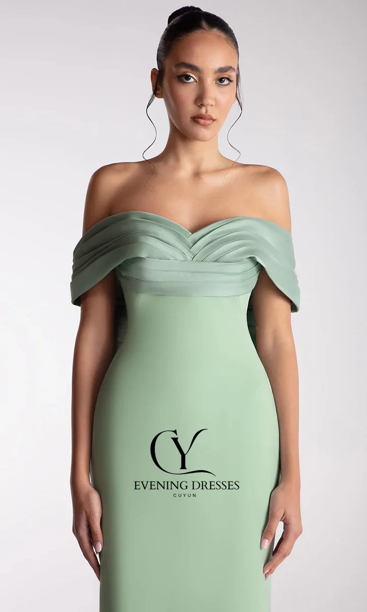 CUYUN オフショルダー ライトグリーン イブニングドレス リボンバック カスタムメイド レディース フォーマル イベントドレス ウェディングパーティードレス ゲスト用