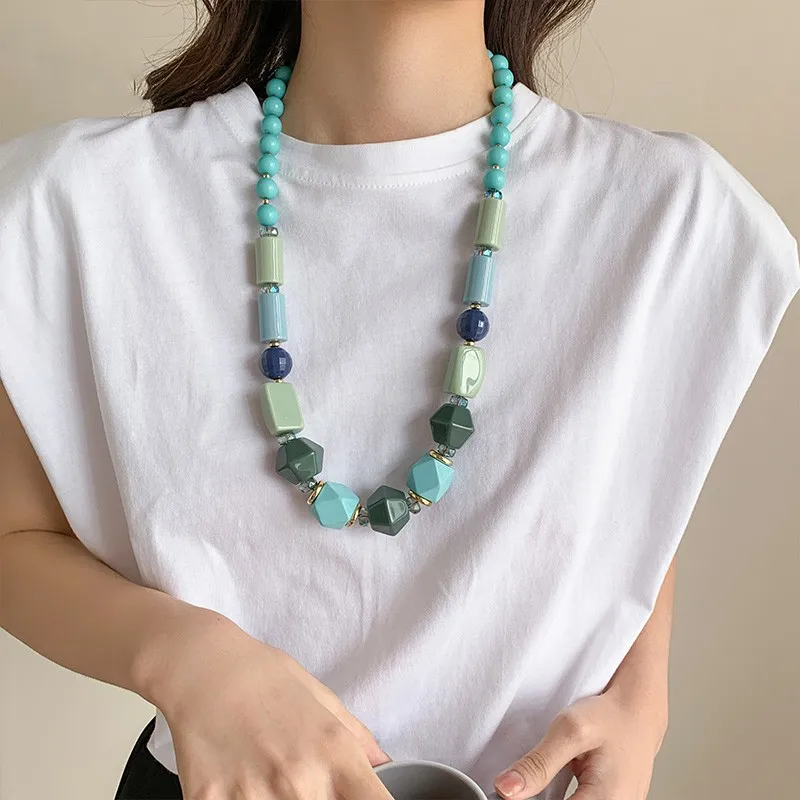 Trendy Colorful Acrylic Beaded Chain Necklace For Women Statement Long Big Resin Women Necklace Jewelry 2023 New Korean Gifts