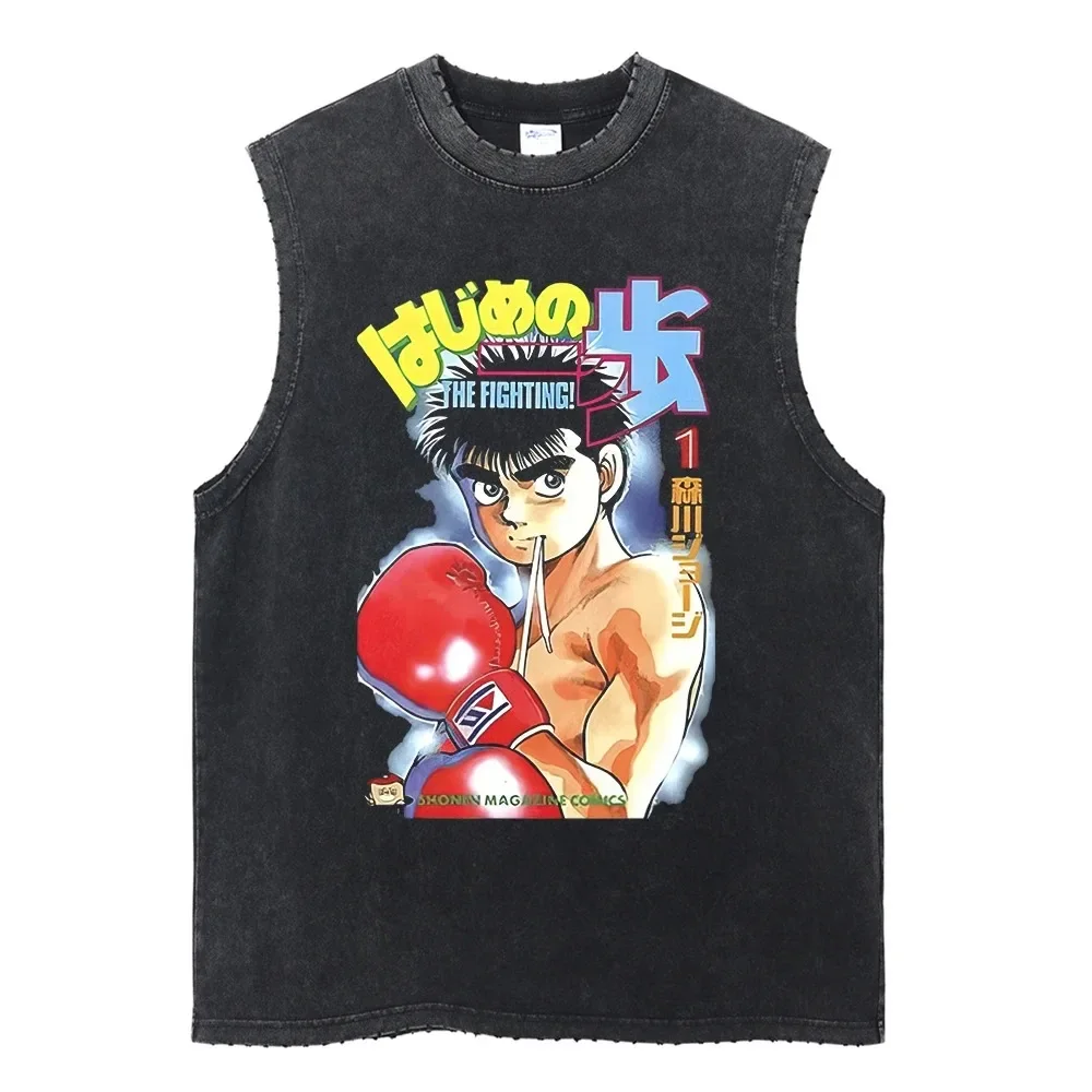 2026 Distressed Mens Sleeveless Vest Hajime No Ippo Vintage Boxing Anime Bodybuilding Lights Out Graphic Casual Cotton Tank Top