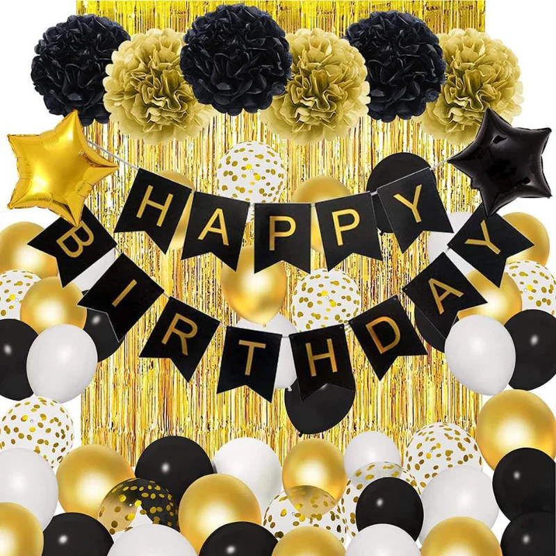 

Black Gold Balloon Garland Happy Birthday Decoration Party Decorations with Paper Pompoms Foil Curtains