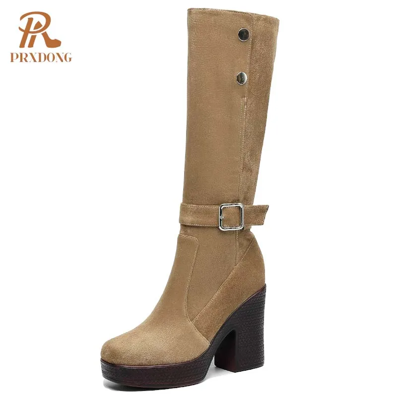 PRXDONG chaussures en cuir véritable femme mi-mollet bottes gros talons hauts plate-forme noir abricot robe fête femme chaussures bottes courtes