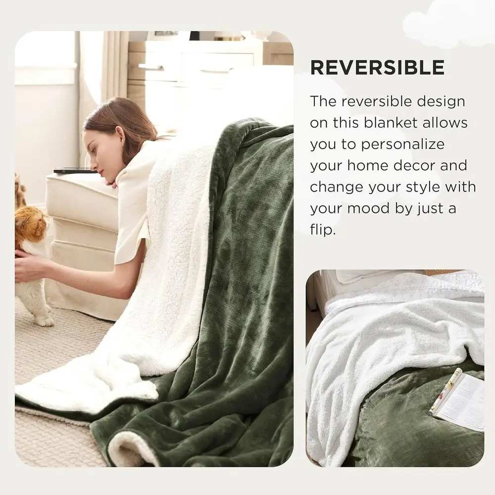 بطانية كال كينج من صوف شيربا كبيرة الحجم باللون الأخضر الزيتوني - رمي دافئ من القطيفة لفصل الشتاء، 112 × 98