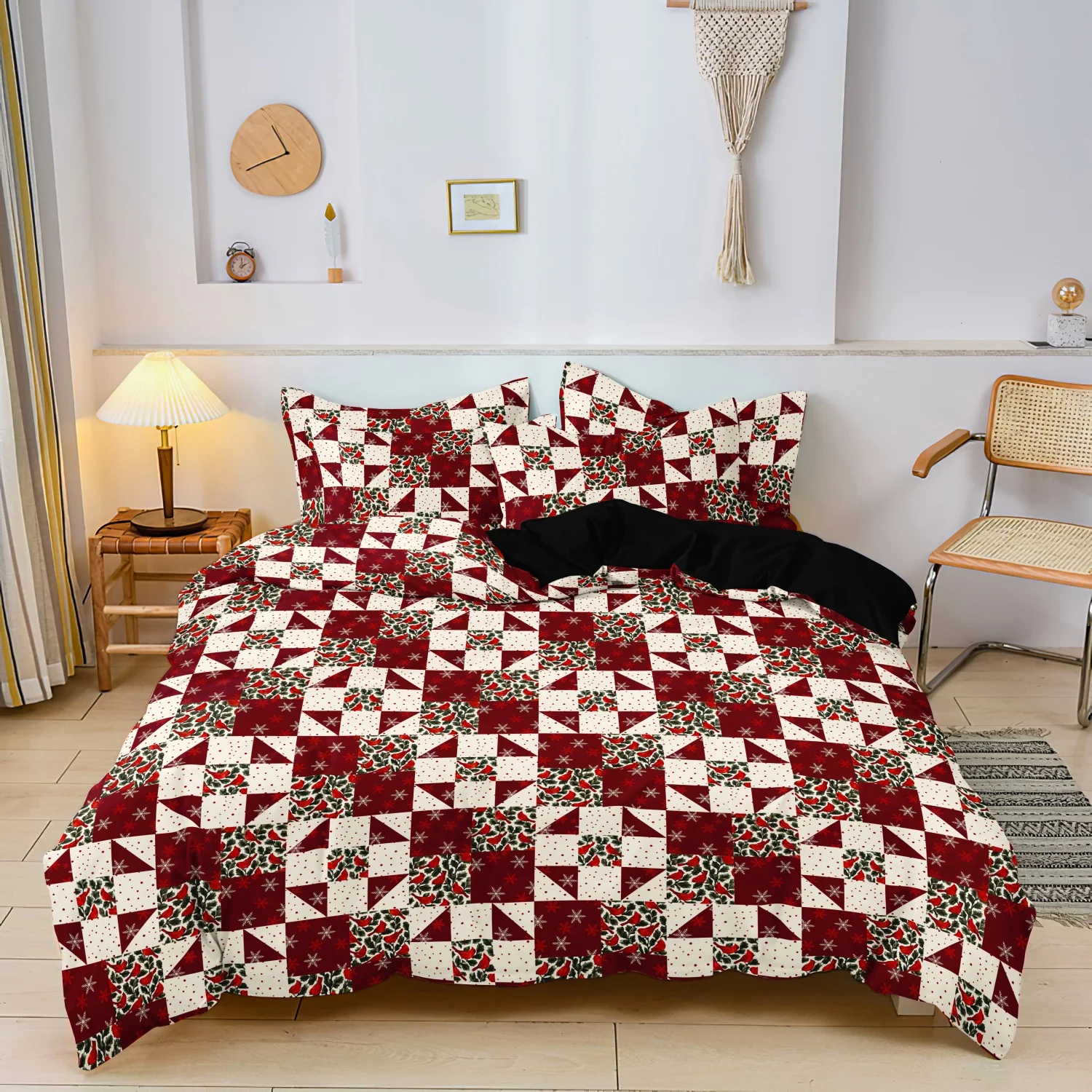 3Pcs Patchwork Christmas Holly Duvet Cover Set, Red White Style Xmas Holly Leaf Snowflake Geometric Pattern Bedding